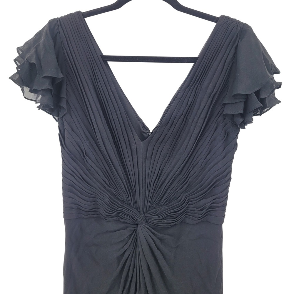 Vtg Tadashi LBD Blk Silk Micro Pleated Ruched Ruffle Flutter Maxi Gown Sz 10